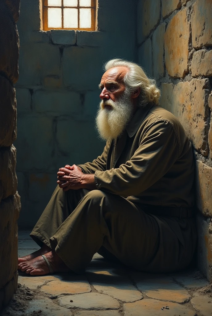 Oil painting of an old man with white beard and mustache sitting on the floor in prison make a wide angle 