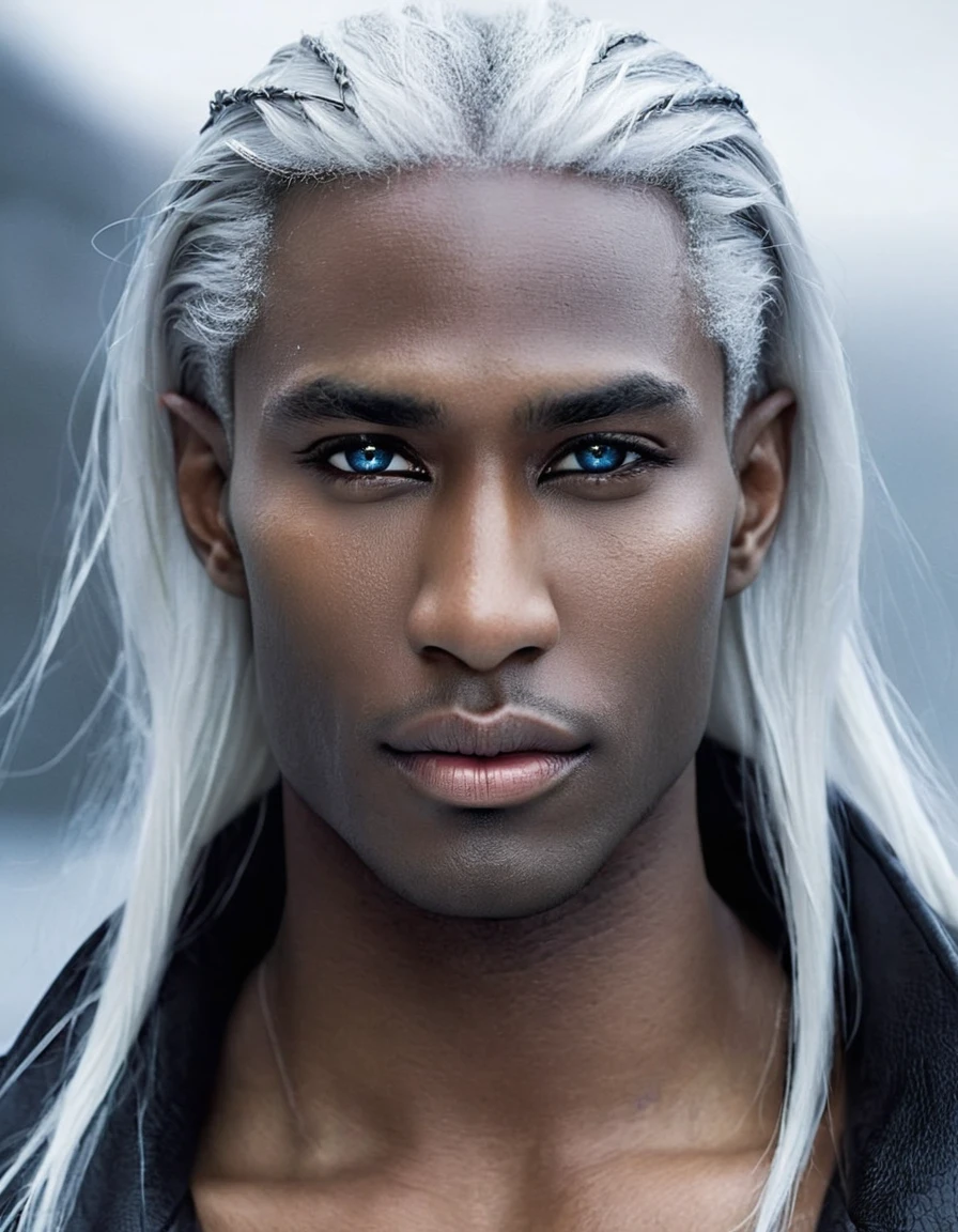 Black elf with white hair and defined masculine features, Feminine and sexy beauty, elegant and seductive evil, dark and smooth skinned man, with the best pixels, exotic and fantasizing looking Viking man,, delicate and striking features, skin like a raven's wings, dressed in black and silver, with beauty in his perfect face, Thin nose, nice defined lips, as handsome as a sex demon. Strong body, solid torso, good muscle growth. Coal black skin with silver and blue highlights, drooping, sensual eyelids, thin nose, fantasy masculine figure. Long, pure white hair like mist that contrasts with the light skin. Straight hair, long and straight, beautiful and white. Like a dark wild creature of the snow. High cheekbones, high warm realistic digital art.