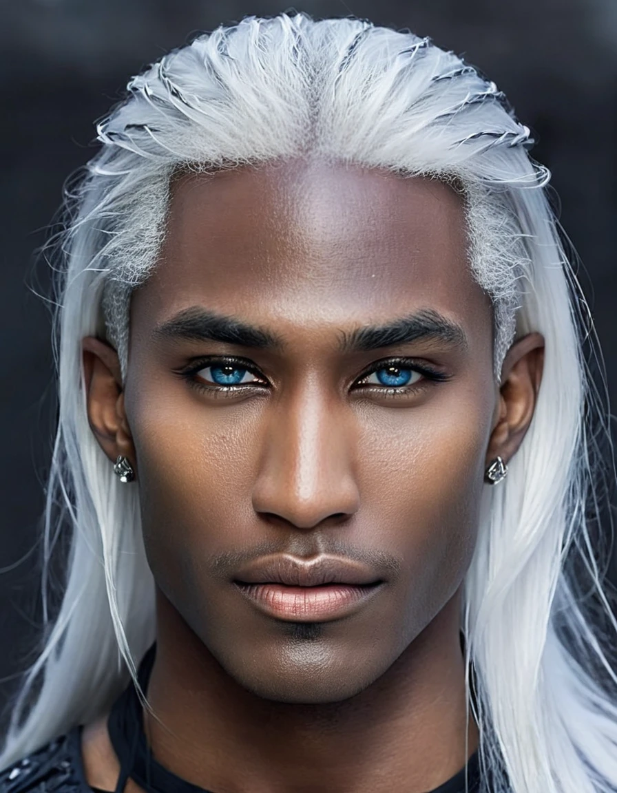 Black elf with white hair and defined masculine features, Feminine and sexy beauty, elegant and seductive evil, dark and smooth skinned man, with the best pixels, exotic and fantasizing looking Viking man,, delicate and striking features, skin like a raven's wings, dressed in black and silver, with beauty in his perfect face, Thin nose, nice defined lips, as handsome as a sex demon. Strong body, solid torso, good muscle growth. Coal black skin with silver and blue highlights, drooping, sensual eyelids, thin nose, fantasy masculine figure. Long, pure white hair like mist that contrasts with the light skin. Straight hair, long and straight, beautiful and white. Like a dark wild creature of the snow. High cheekbones, high warm realistic digital art.