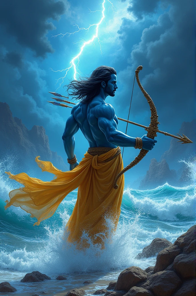 Lord Ram (fit body, blue colour, middle hair, shooting arrows in the sky with a bow in his hand, bright lights in his full body, wearing yellow clothes) standing on the sea shore, shooting arrows in the sky, lightning is flashing in the sky, dark clouds are looming, looking towards the sea, Lord Lakshman is nearby and Lord Hanuman is standing behind Lord Ram.