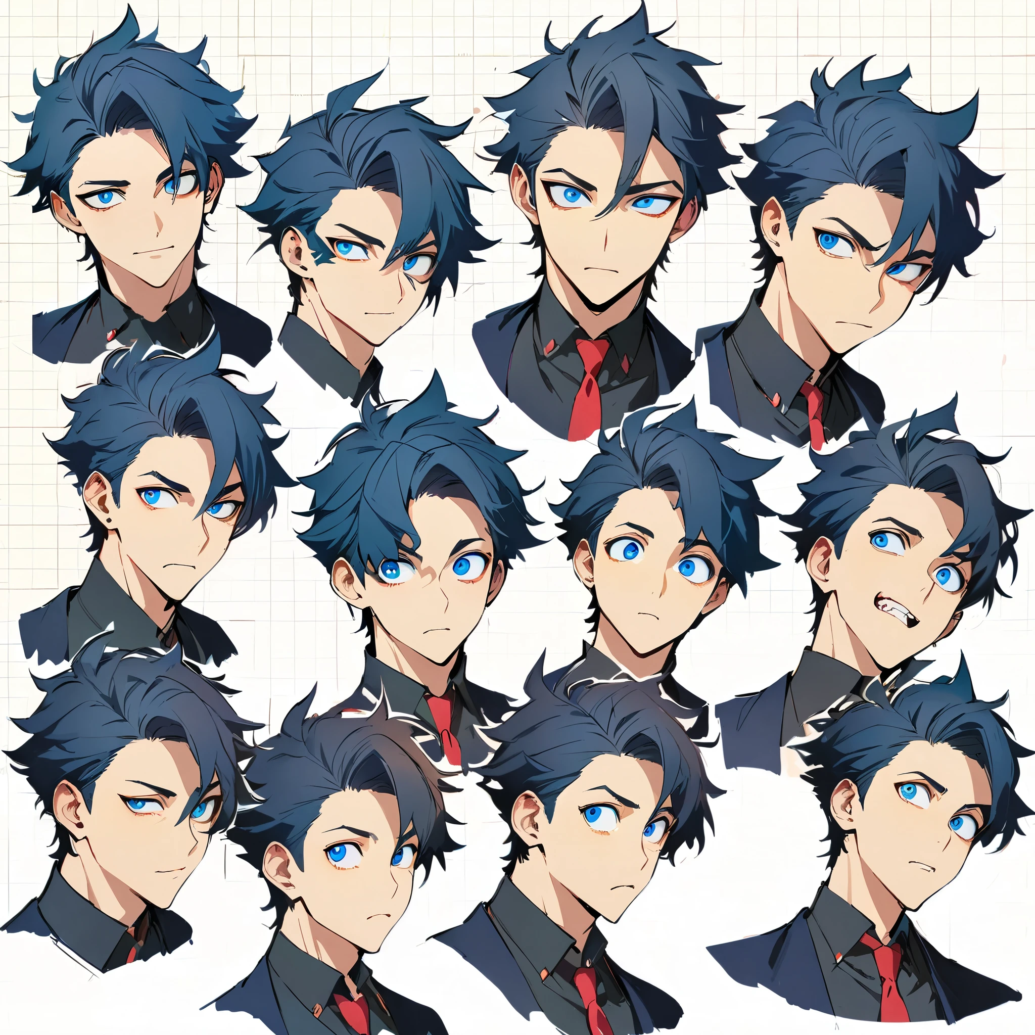 anime boy, dark blue hair, blue eyes, head, same boy, different angles, grid, different expressions, 9 faces, concept, handsome, spiky hair, perfect lineart, sharp lineart, best quality, high quality, best quality, ultra-detailed, HD, beautiful lighting,