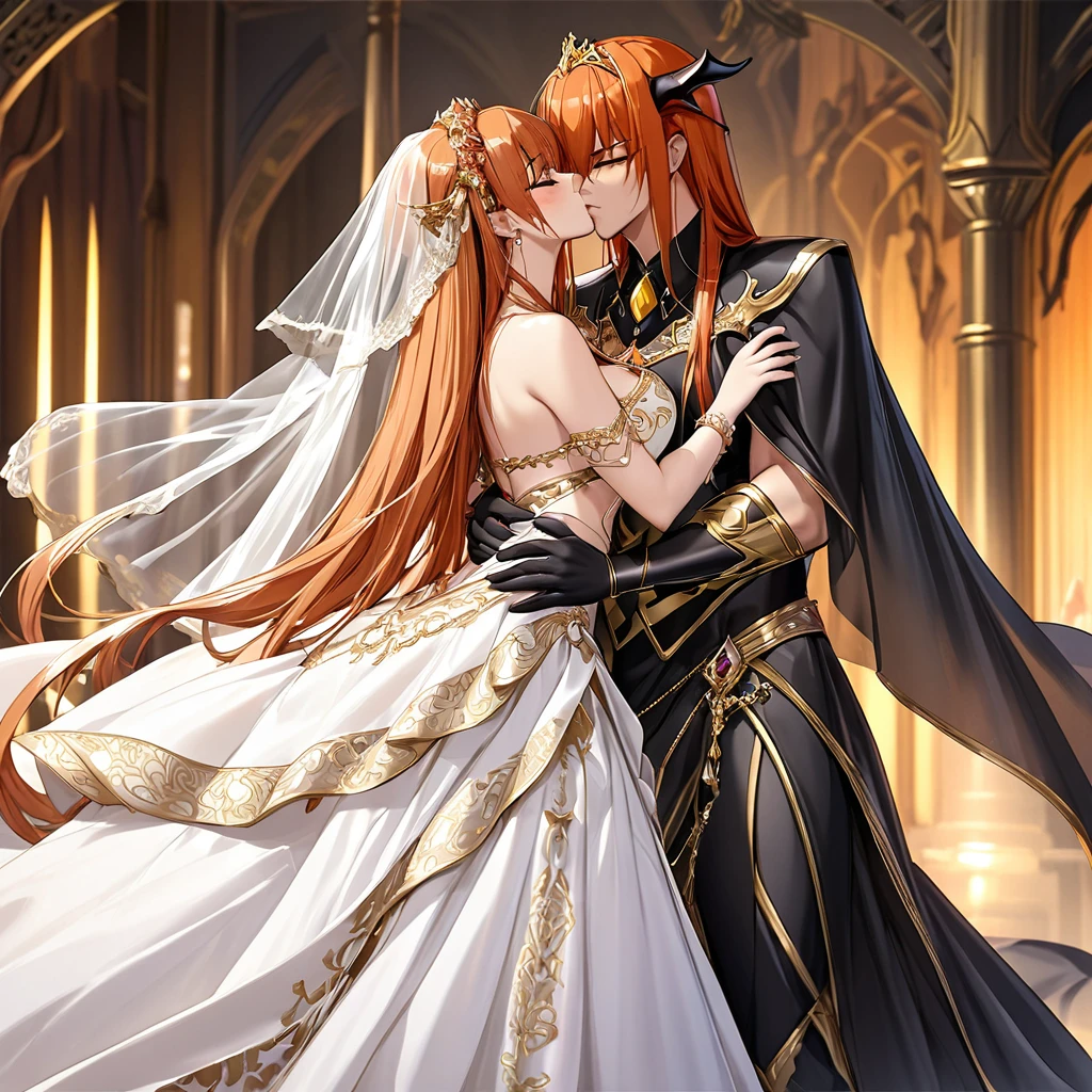 ((Highest quality)), ((masterpiece)), (detailed), (Perfect Face)、The woman is Maya Cordelia, the Demon King's bride, with orange, semi-long hair. She is adorned in a luxurious black mermaid-line wedding dress with lavish gold embroidery and edging, along with a black wedding veil and extravagant accessories.、The woman, a devil, embraces the wicked demon king man, shares a vowing kiss, and holds a wedding ceremony.、The woman became the wife of the demon king, becoming the demon queen and becoming the demon king's companion for life.