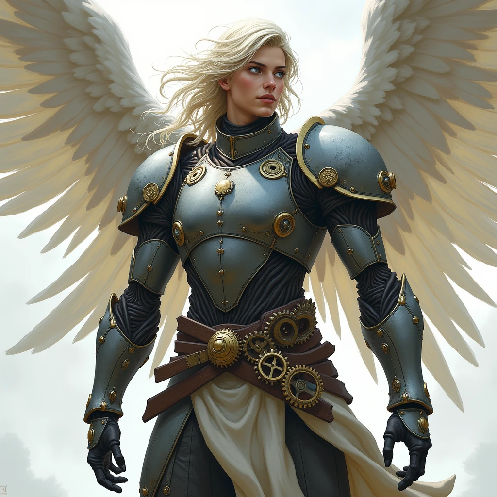 A full-body D&D character that is a wingless angel engineer, but still half-celestial and magical. He has black eyes and his armor is like it's made of gears.