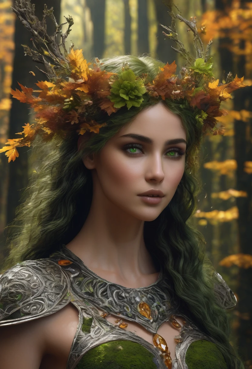 the dryads, tall, graceful and beautiful humanoid creatures of the forest, with their beautiful mixed human-plant appearance, delicate light green face, detailed amber-green eyes, dark green lips, hair of overgrown moss, head delicately decorated with autumn leaves and small white wildflowers, tattered shredded top of leaves, rounded top, dynamic posing, hyper realistic, sharp focus, hyper-maximalism,photo-realistic,insanely detailed,unreal engine,HDR,8k