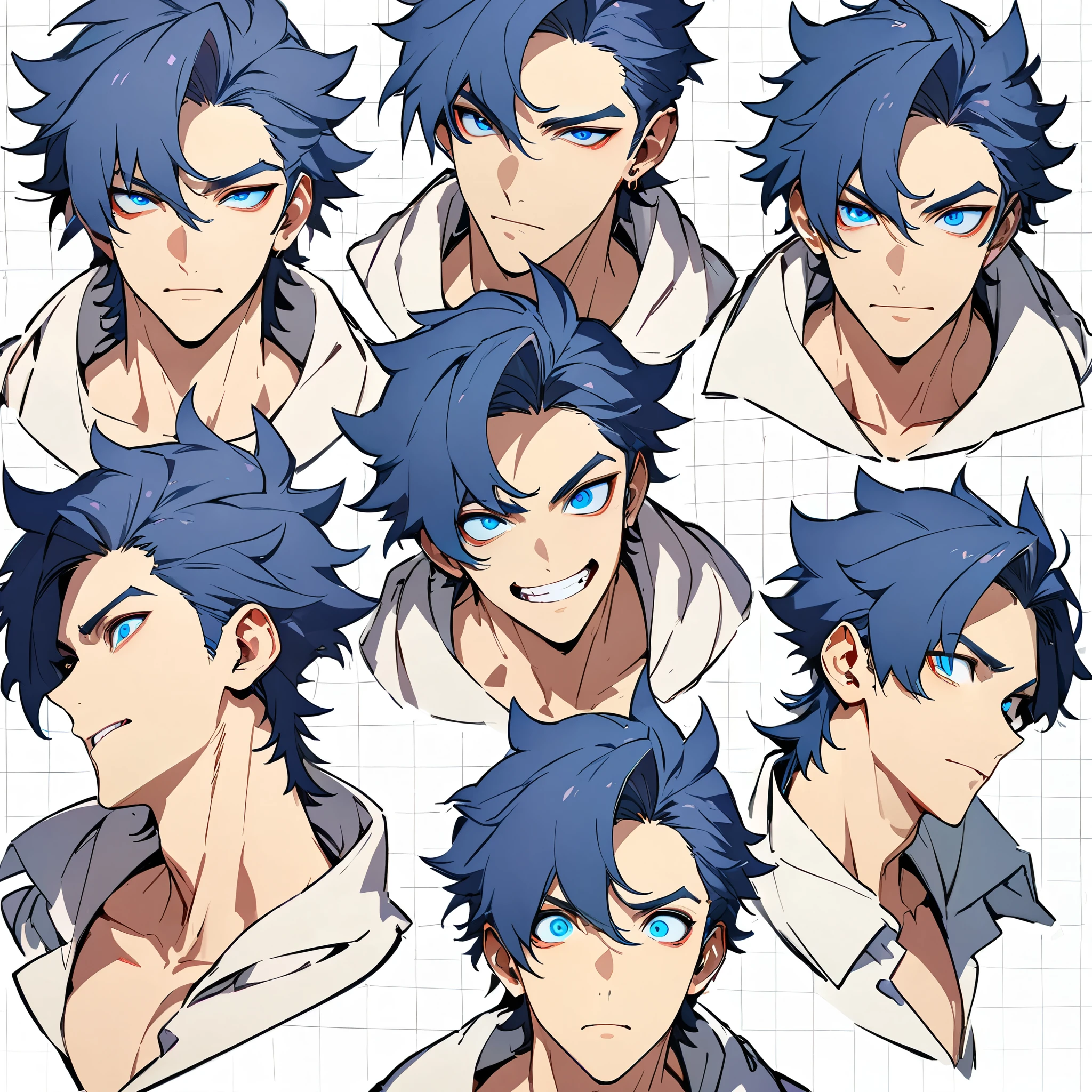 anime boy, dark blue hair, blue eyes, head, same boy, different angles, grid, different expressions, 9 faces, concept, handsome, spiky hair, perfect lineart, sharp lineart, best quality, high quality, best quality, ultra-detailed, HD, beautiful lighting,