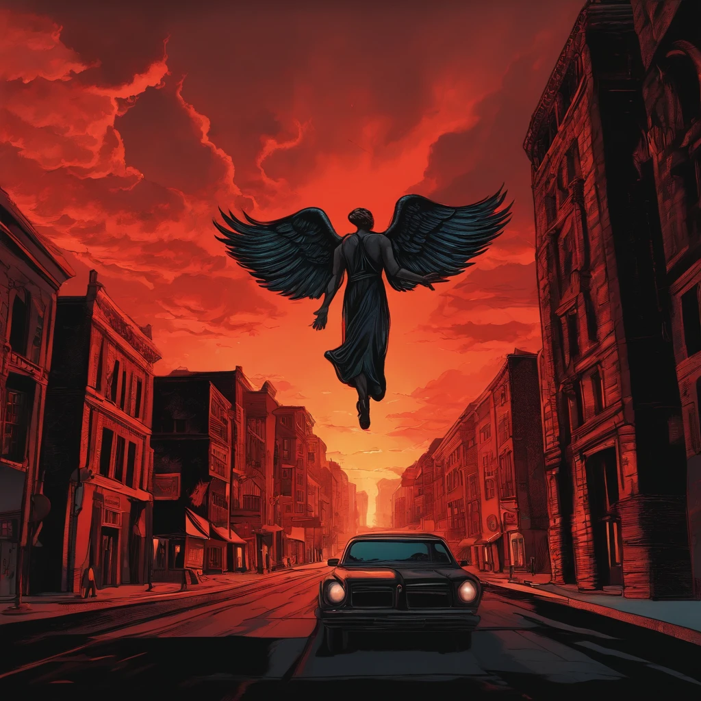 Perspective drawing, realistic perspective, street perspective, streetlight, gigantic angel with big eye head looking at the viewer, angel in T pose, burning buildings, people running in fear, red sky, big crack in the sky from where demons come out.
