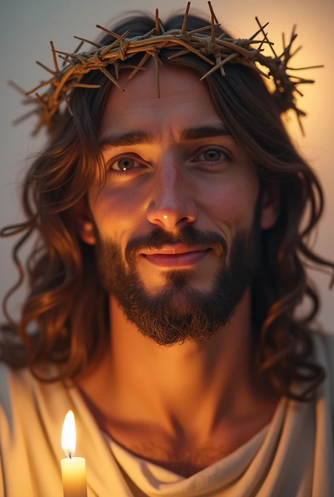 "Jesus Christ with a crown of thorns on His head, smiling warmly. The focus is on His face, which radiates kindness and compassion. His eyes are gentle and filled with love, and His smile is comforting and inviting. The background is soft and light, enhancing the overall feeling of warmth and reassurance."