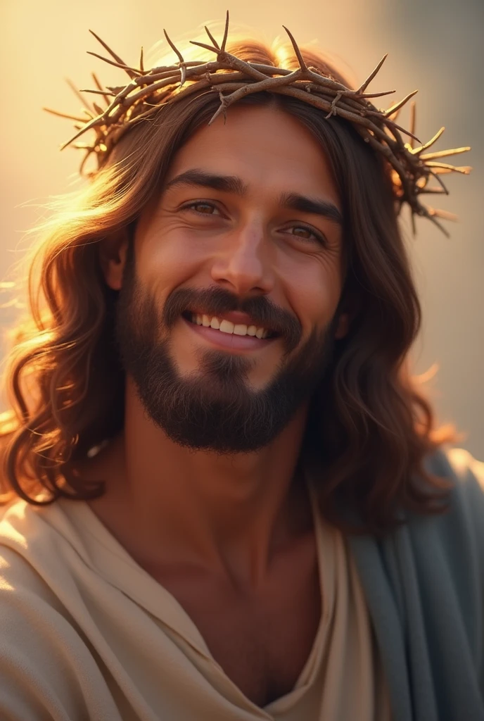 "Jesus Christ with a crown of thorns on His head, smiling warmly. The focus is on His face, which radiates kindness and compassion. His eyes are gentle and filled with love, and His smile is comforting and inviting. The background is soft and light, enhancing the overall feeling of warmth and reassurance."