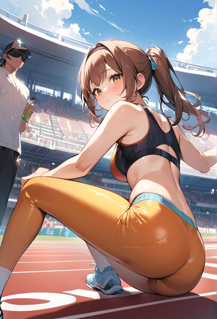 woman.(track and field). (world athletics).(long jump:1.2).(spectator seats).(packed auditorium).(separate track and field uniform).competition.(in the background 4+woman:1.5).(bikini).forehead.(bright and cheerful smile).ponytail