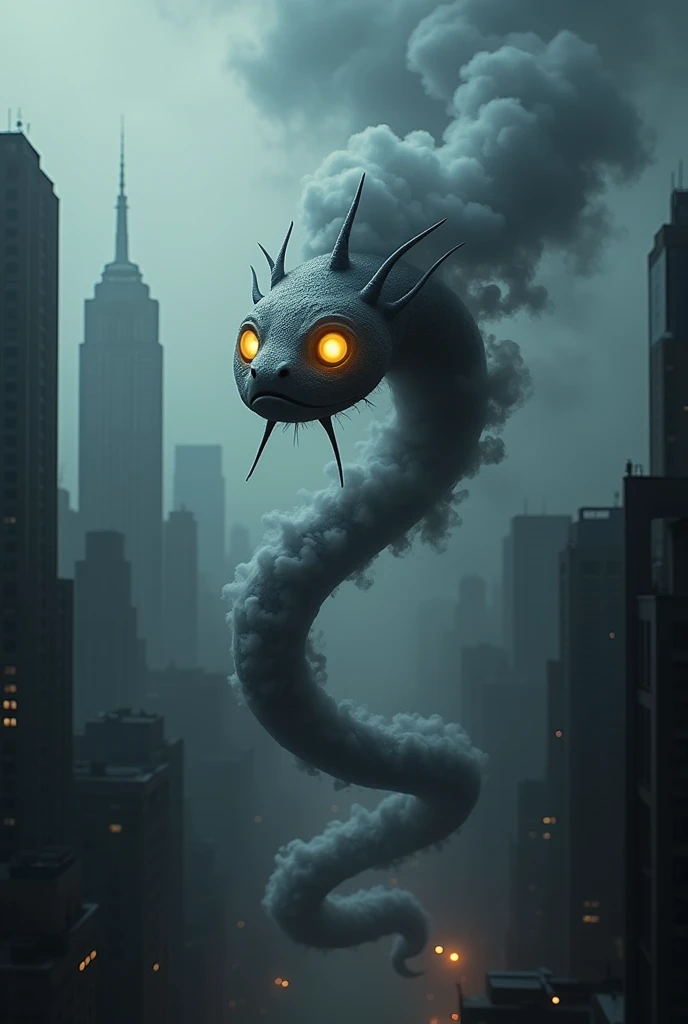 A gray smoke creature in the shape of a snake with a fish lamp face and bright yellow eyes, floating in a dark city with a cloudy sky.