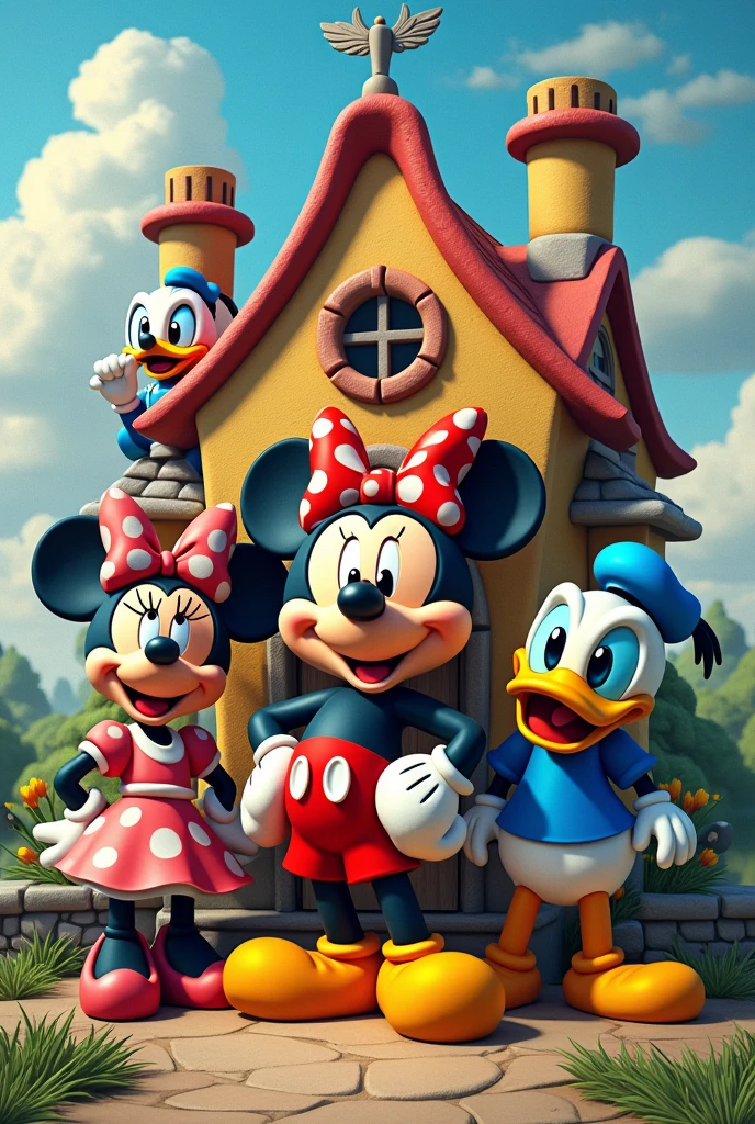 Elegant 3D typography featuring Mickey's gang (Minnie, Daisy Duck, Donald Duck, Goofy, etc...). with a stylish sign and background is Mickey Mouse's house, photo, Typography, vibrant graffiti0.1, illustration, photo, product, fashion, poster design