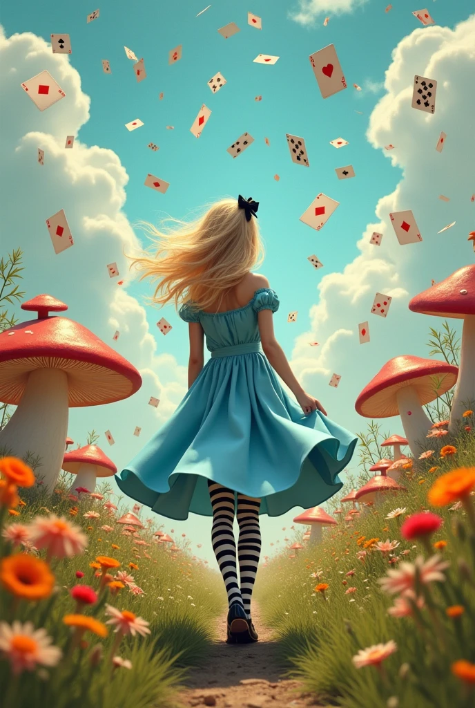 A movie poster, with a blonde with her back to me, wearing a blue dress, long striped stockings, black shoes and a black bow in her hair, walking through a field of flowers and giant mushrooms, and playing cards falling from above 