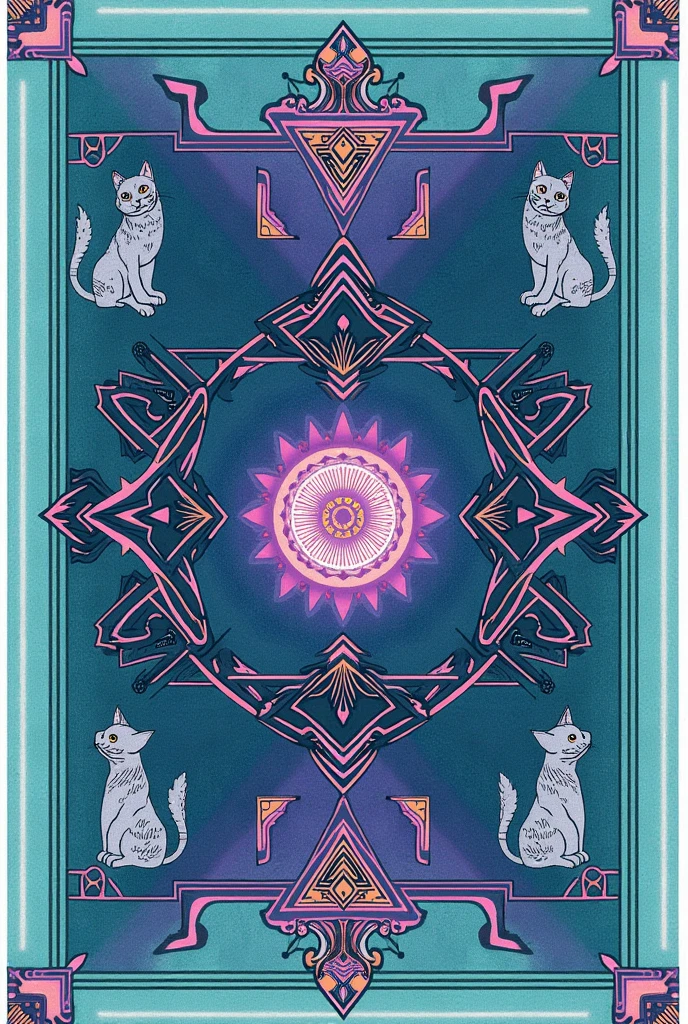 A drawing of cats with a tribal and Egyptian style, with linear shapes in the middle, on a cyan background with shades of purple.. The cats should be small elements in the whole drawing - they are in the background, and the symbols should predominate in the rest of the sheet. The design must be linear and symmetrical.