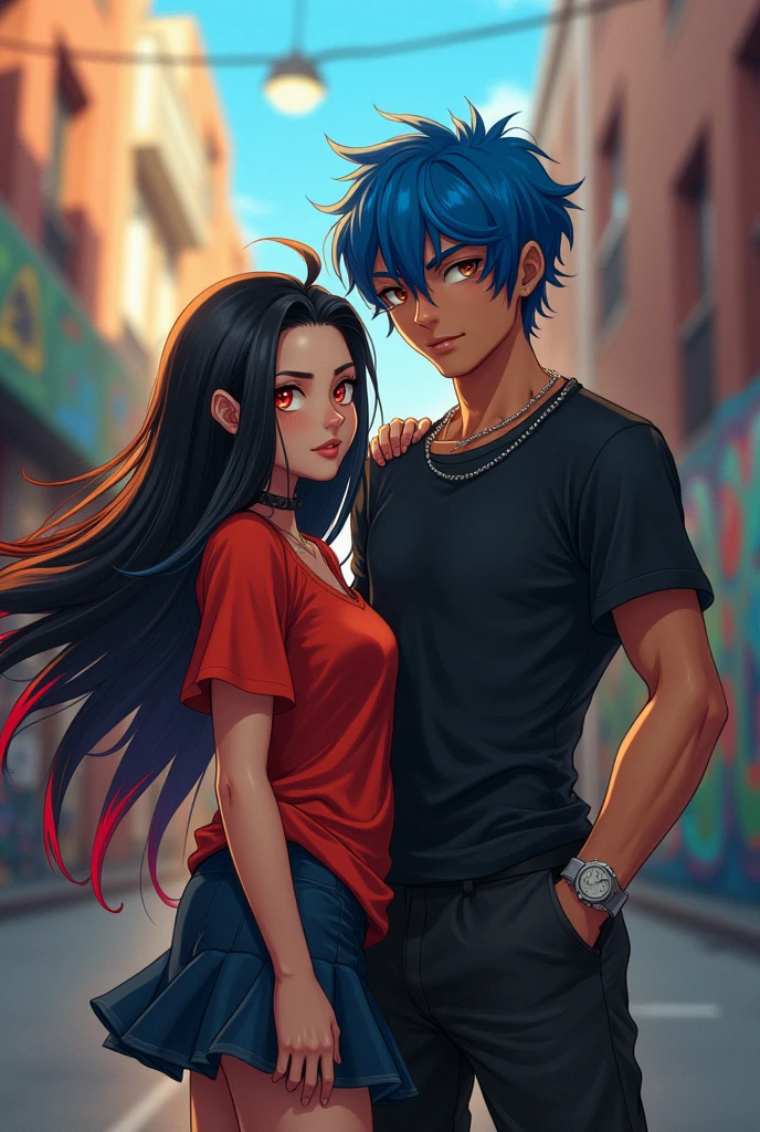 Girl with black hair and a red streak, heterochromatic eyes one red and one orange, wearing a skirt and shirt, with a tall brunette guy with blue hair and blue eyes and a serious face