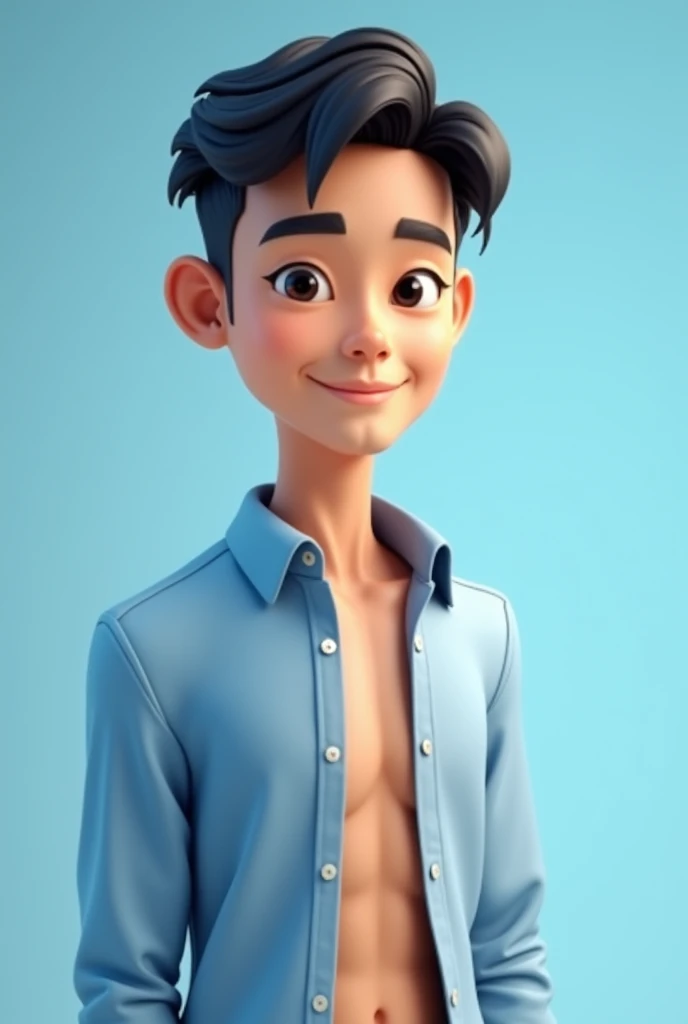 Very realistic 3D cartoon. A 20 year old Indonesian man. Tall, slightly thin body, thin face shape, handsome, slightly round eyes, white skin, thin smile, black hair with side parting style. Wearing a light blue shirt. Body position is clearly visible. naked without clothes with a large and long dick clearly visible. Blue background. Using soft photographic lighting with top light.