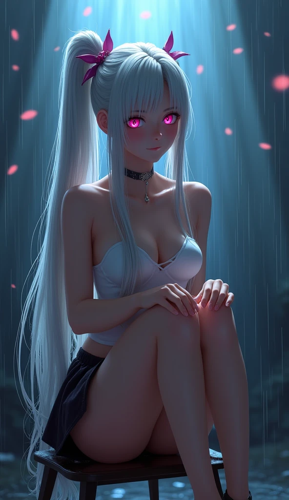 photorealistic,Realistic illustration in Modelshoot style,((masterpiece)),((The best quality)),((Ultra Quality)),((ultra detailed)),((1girl long white hair)),((Only)),((waifu:1.5)),Perfect anatomy,perfect hands,beautiful cuerpo,beautiful_method,ulzzang-6500-v1,e-chica,((Exceptionally Beauty Waifu Princess Tifa Lockhart))Actual photo、Highest im年 quality、Beautiful woman、Beautiful thighs、Beautiful Face、Uniform Ponytail、Yuriko Yoshitaka、Japanese women、pretty girl、skirt、Beautiful thighs、pumps、Sit on a chair、(front:1.6)、(Open your knees:1.4)、Panty shot、,((bright-pink_eyes)),long wavy hair, ((white hair)),hair clips,eyeliner,cute makeup,lipstick,Glossy lipstick,with a look of terror, worry and sadness,((eyes detallados perfectos)),rainy with fog outside,evening,pink theme,bioluminiscencia,light particles,((Extremely CG Unity 8K Wallpaper)),((cinematic lighting,Best quality lights)),intricate details,Suave,sharp focus,Extremely beautiful and aesthetic,Octane rendering,Full length portrait,damp skin,((Perfect detailed body)),