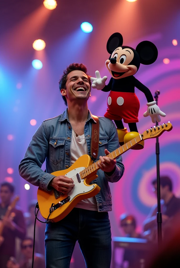 Drake Bell playing his guitar with Mickey Mouse on his right shoulder.