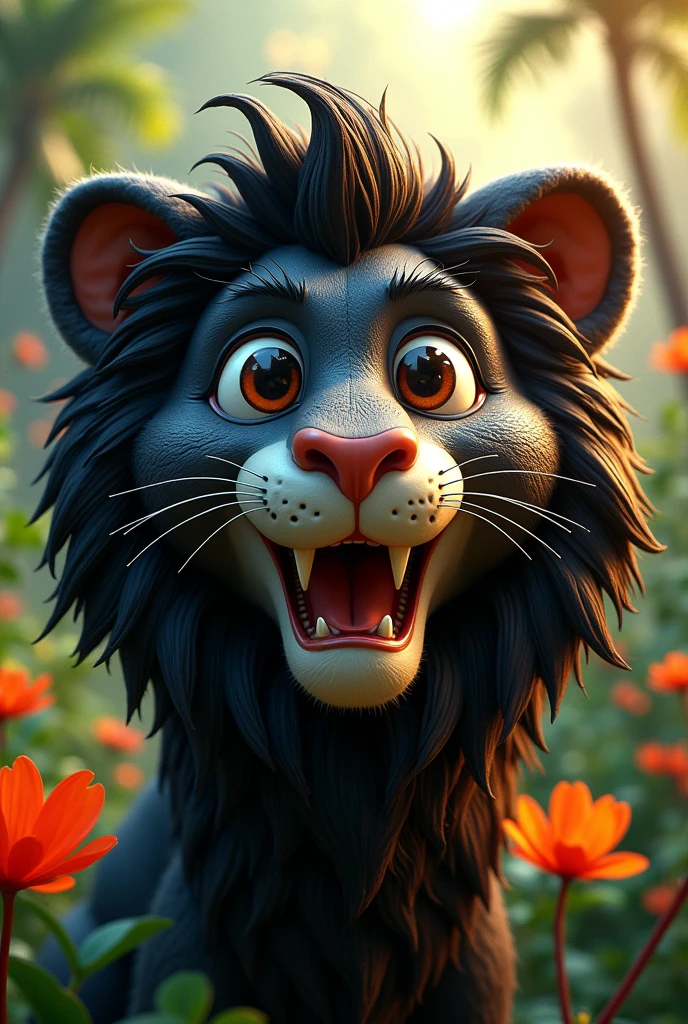 The lion's face is cartoonish, sharp-angled, and black leather.