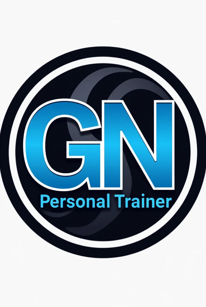 Create a personal trainer logo with the letters GN in blue colors, White and black, round logo