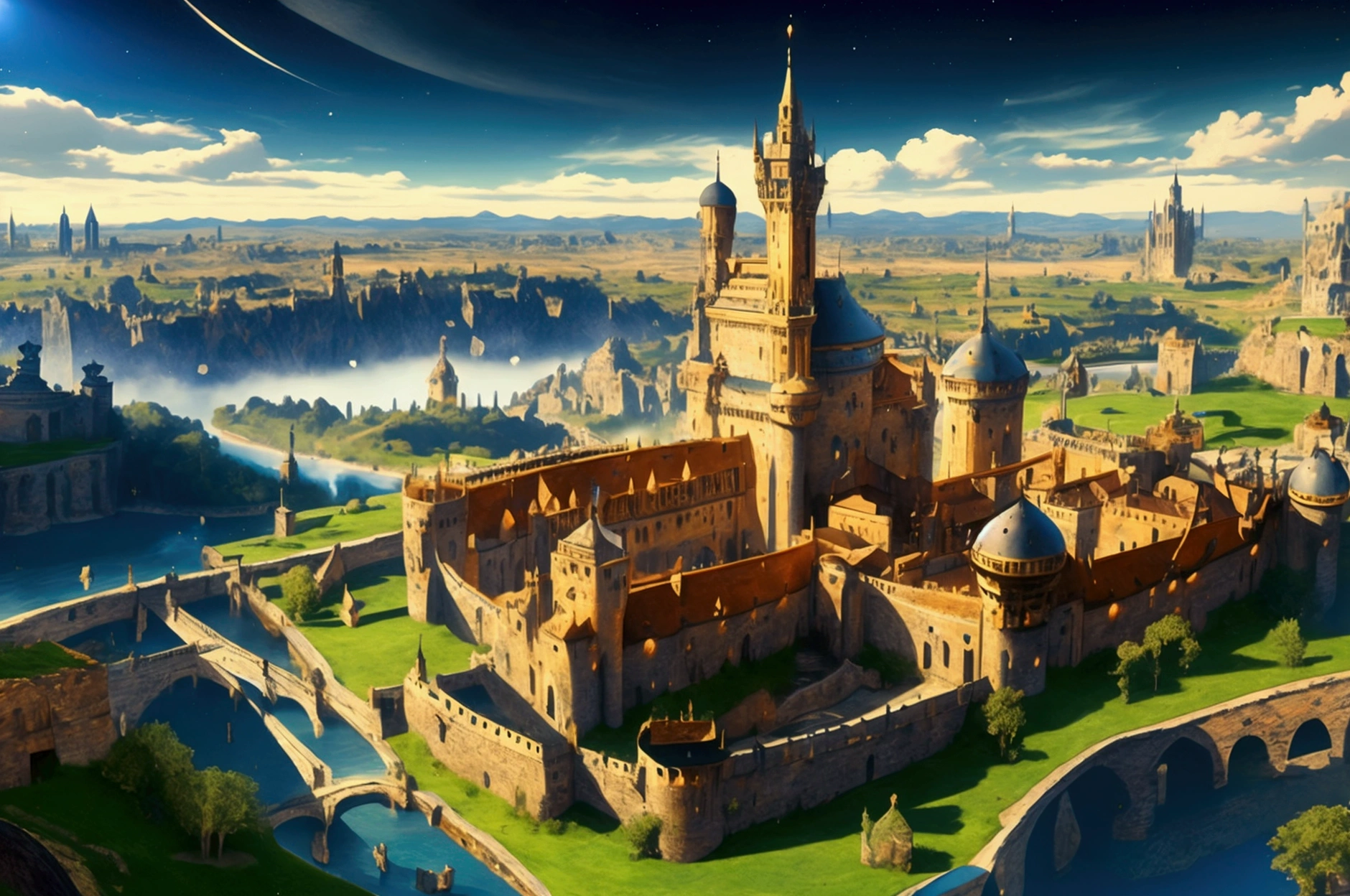 (32k, 8k, high graphics, high resolution, high details) ((fantasy medieval kingdom, fantasy medieval city)), panoramic view, extremely beautiful place, immense celestial tower in the center, wonderful view, blue sky and bright sun in the background image