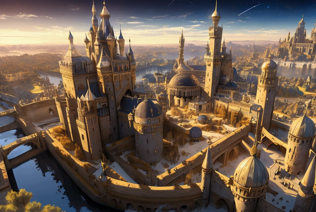 (32k, 8k, high graphics, high resolution, high details) ((fantasy medieval kingdom, fantasy medieval city)), panoramic view, extremely beautiful place, immense celestial tower in the center, wonderful view, blue sky and bright sun in the background image