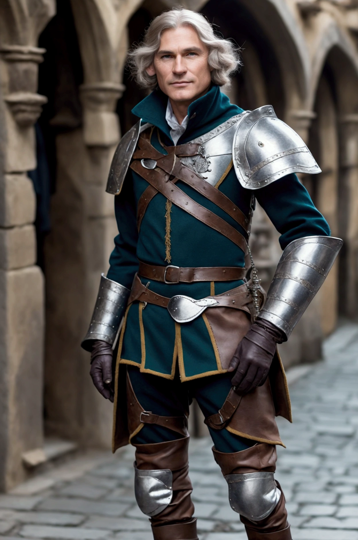 Make an Elf Mature-looking man, short and long dark blond hair, brown eyes, wears a blue medieval adventurer's outfit with silver details, wears dark green pants and brown leather boots in a medieval city setting