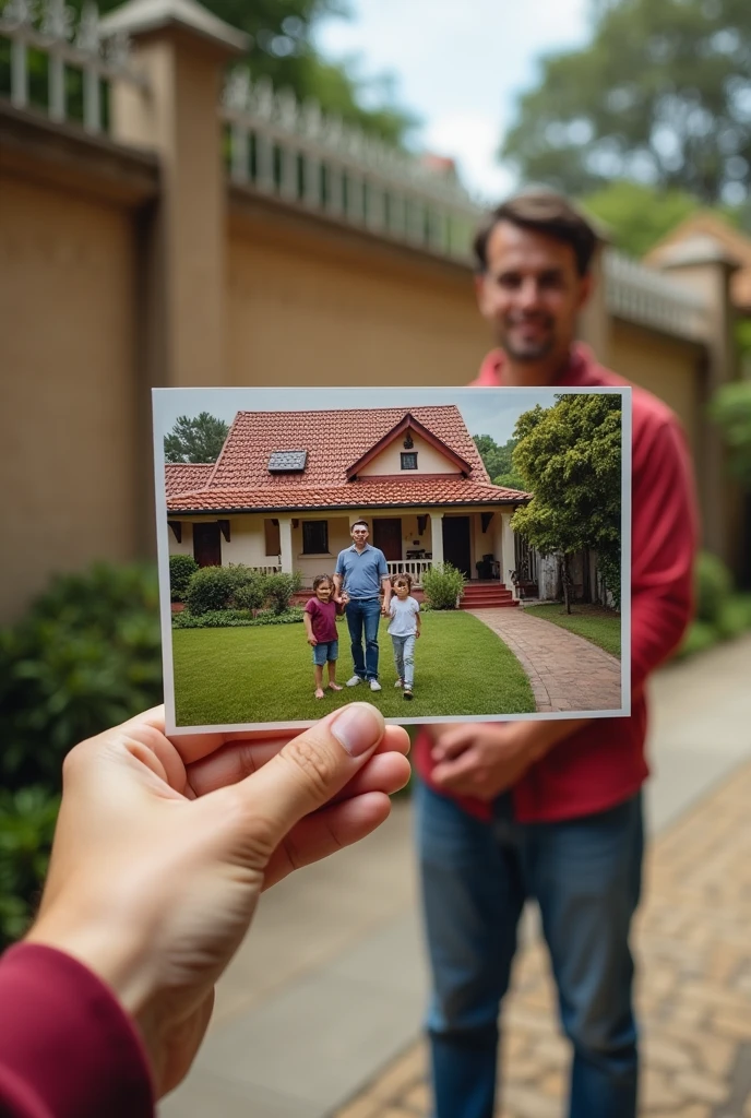 create an image in which a person holds a photo, In the photo you can see a house with red tiles, A garden, and a family of 2 adults and 1 child playing in the yard, around the house a wall and on it a concertina fence