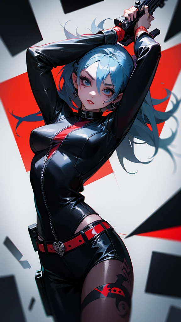 Create something original of Tattooed girl in black leather clothes, hair like Harley Quinn, using a submachine gun and with one of her arms dissipated