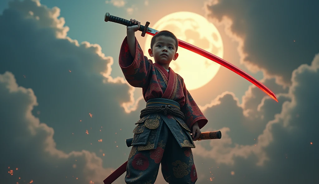 A 1  boy,63 meters tall wearing a samurai dress. Holding a red katana and surrounded by black aura. Having a muscular body revealing abs and chest.