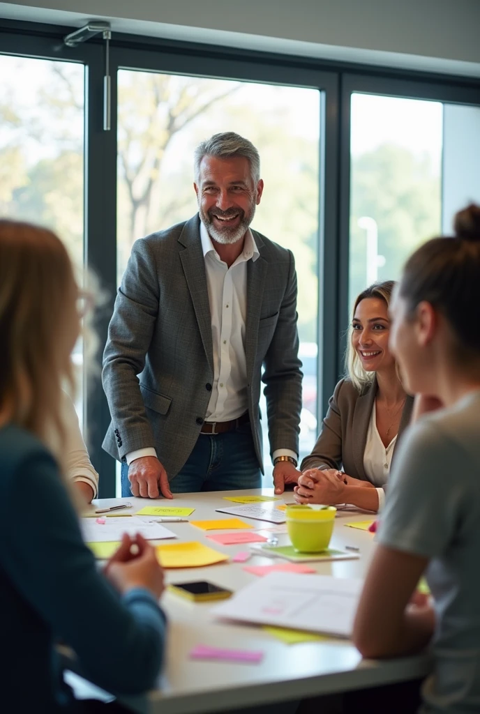inspiring leadership: A photo of a leader talking to his team, demonstrating empathy and support, with expressions of enthusiasm and collaboration, highlighting the importance of leadership in fostering well-being and innovation.