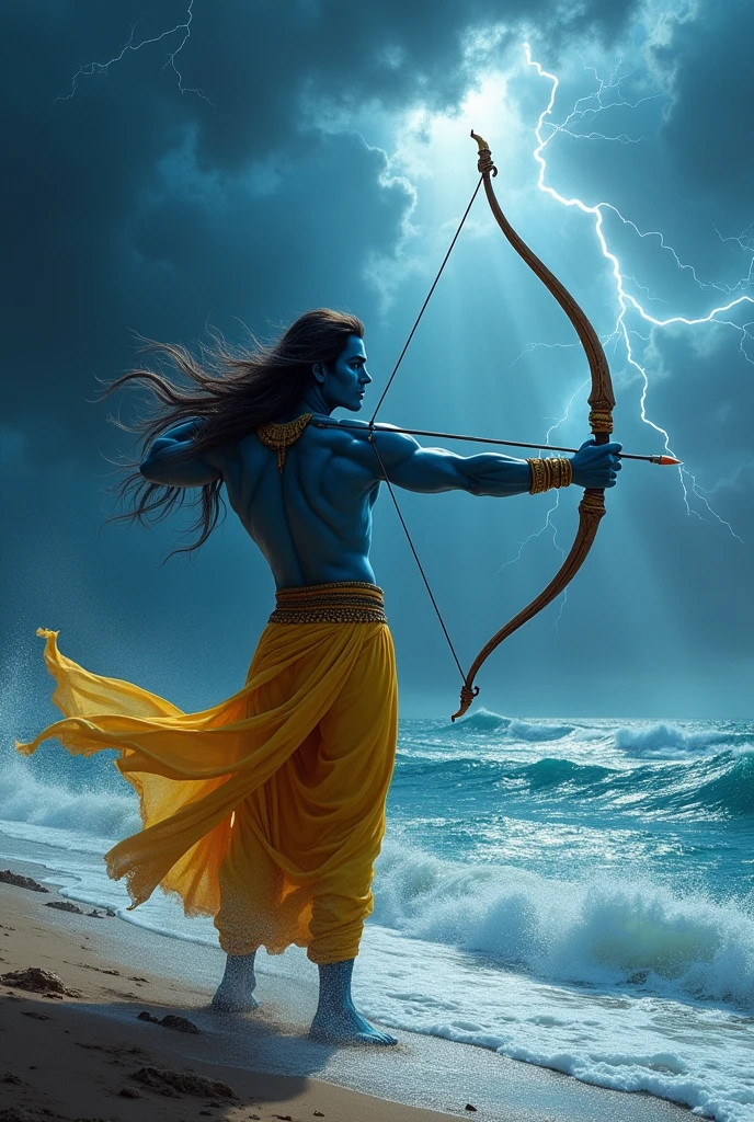 Lord Ram (fit body, blue colour, middle hair, shooting arrows in the sky with a bow in his hand, bright lights in his full body, wearing yellow clothes) standing on the sea shore, shooting arrows in the sky, lightning is flashing in the sky, dark clouds are looming, looking towards the sea, there is a bow and arrow on the top.