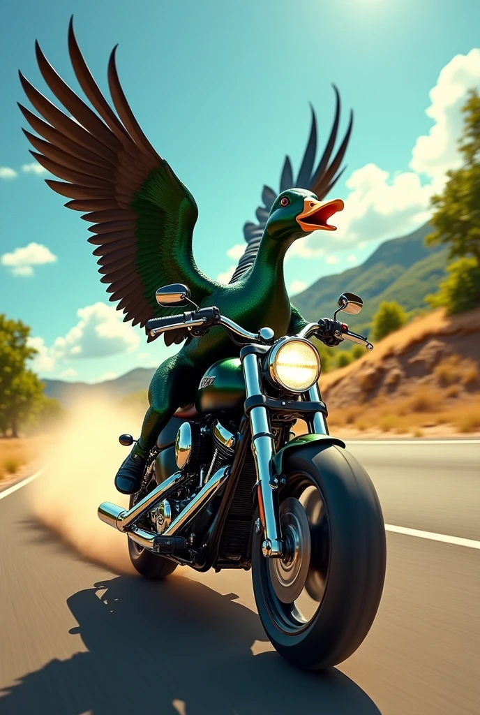 Black duck
riding a motorcycle at high speed