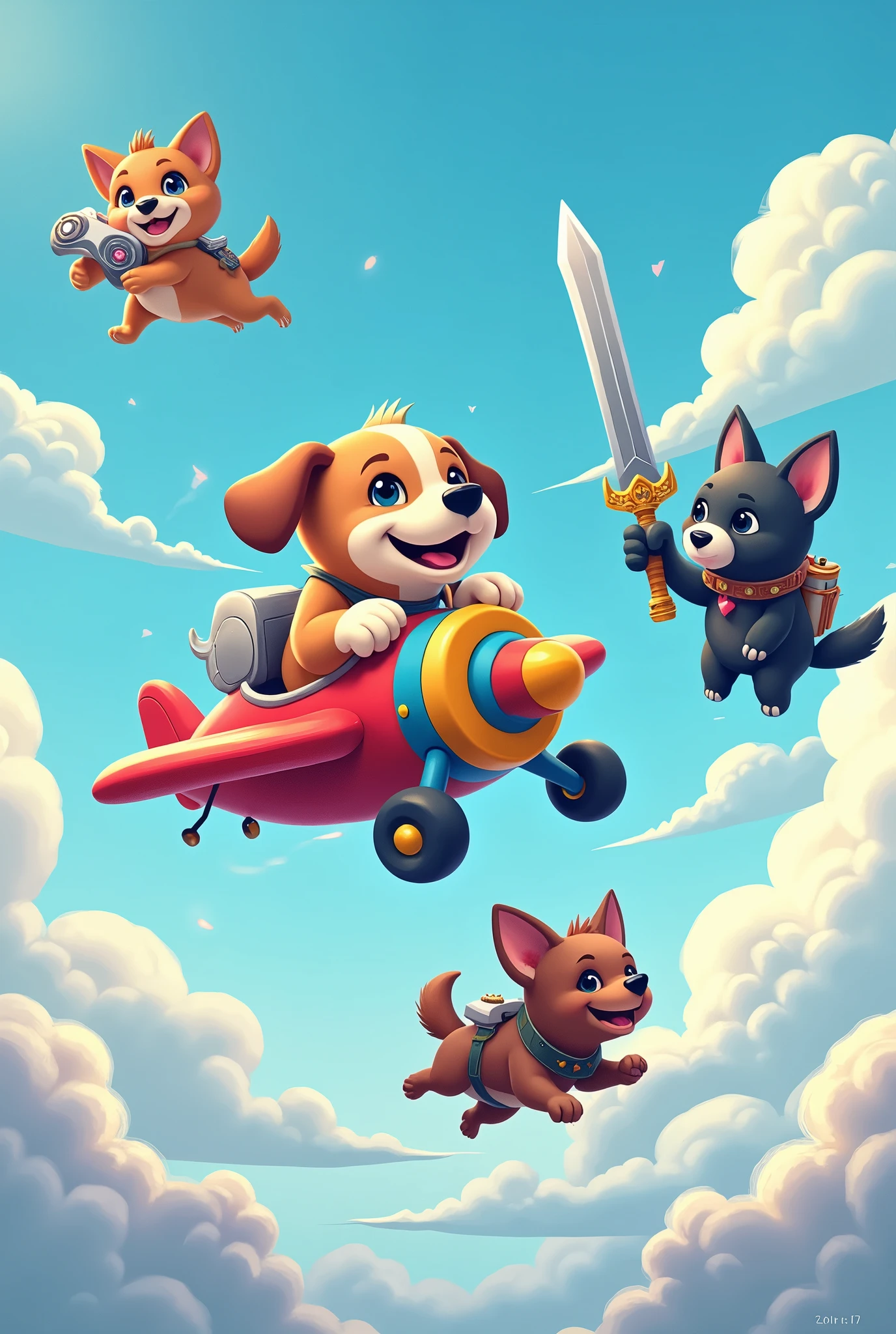 A whimsical background, showing a dog flying in an aircraft, a dog with a video game controller floating, a dog floating with a big sword on its back, a dog dressed as Silent Hill floating, in the 2d cartoon pixel art style, wallpaper image in 1980 x 1080