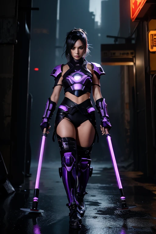 a centered below shot high detailed digital art illustration of a futuristic cyberpunk woman ninja in a walking pose holding with 2 purple light-sabers, wearing a futuristic carbon fiber armor with metal parts and high tech accessories, looking at viewer with angry face, long glowing wind swept hair, black leather gloves. volumetric light from above, rim lighting, the background is a post apocalyptic street with high skyscrapers, burnt ruined city, rain, smoke, rainy night with dark clouds