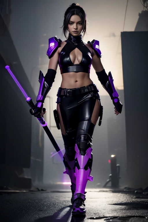 a centered below shot high detailed digital art illustration of a futuristic cyberpunk woman ninja in a walking pose holding with 2 purple light-sabers, wearing a futuristic carbon fiber armor with metal parts and high tech accessories, looking at viewer with angry face, long glowing wind swept hair, black leather gloves. volumetric light from above, rim lighting, the background is a post apocalyptic street with high skyscrapers, burnt ruined city, rain, smoke, rainy night with dark clouds