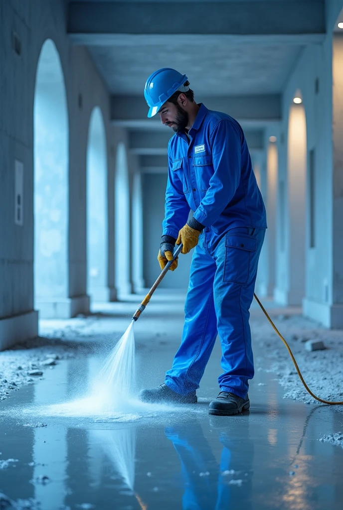 Visualize a realistic scene in 8K, showing a bricklayer standing, washing the floor that is prepared to receive the flooring, but still empty. The mason wears Personal Protective Equipment (epis) blue in color, including helmet, Gloves and uniform, all with the name 'URBPLAN' written in white. The image is predominantly in shades of blue, refletidos nos epis do trabalhador e no ambiente ao redor. The high resolution captures the details of the floor cleaning, the texture of the unfloored surface and the bricklayer's attention to work, providing a clear and professional view of the preparation process.