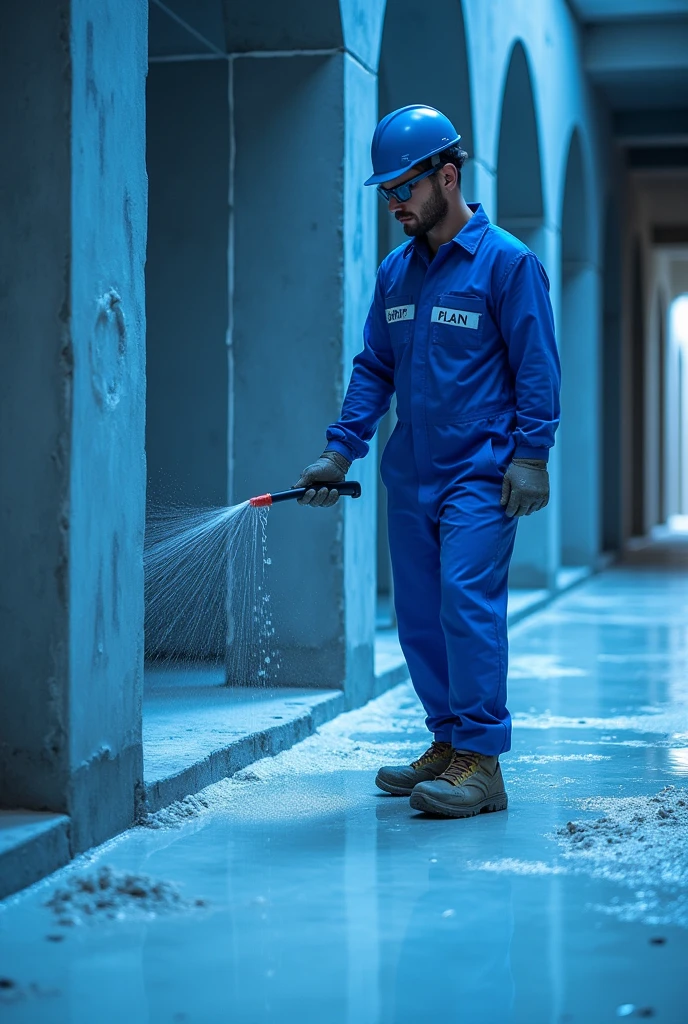 Visualize a realistic scene in 8K, showing a bricklayer standing, washing the floor that is prepared to receive the flooring, but still empty. The mason wears Personal Protective Equipment (epis) blue in color, including helmet, Gloves and uniform, all with the name 'URBPLAN' written in white. The image is predominantly in shades of blue, refletidos nos epis do trabalhador e no ambiente ao redor. The high resolution captures the details of the floor cleaning, the texture of the unfloored surface and the bricklayer's attention to work, providing a clear and professional view of the preparation process.