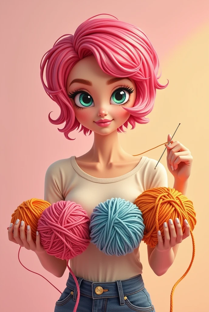 A logo of a woman with short pink and orange hair holding a crochet yarn in each hand and a crochet hook.