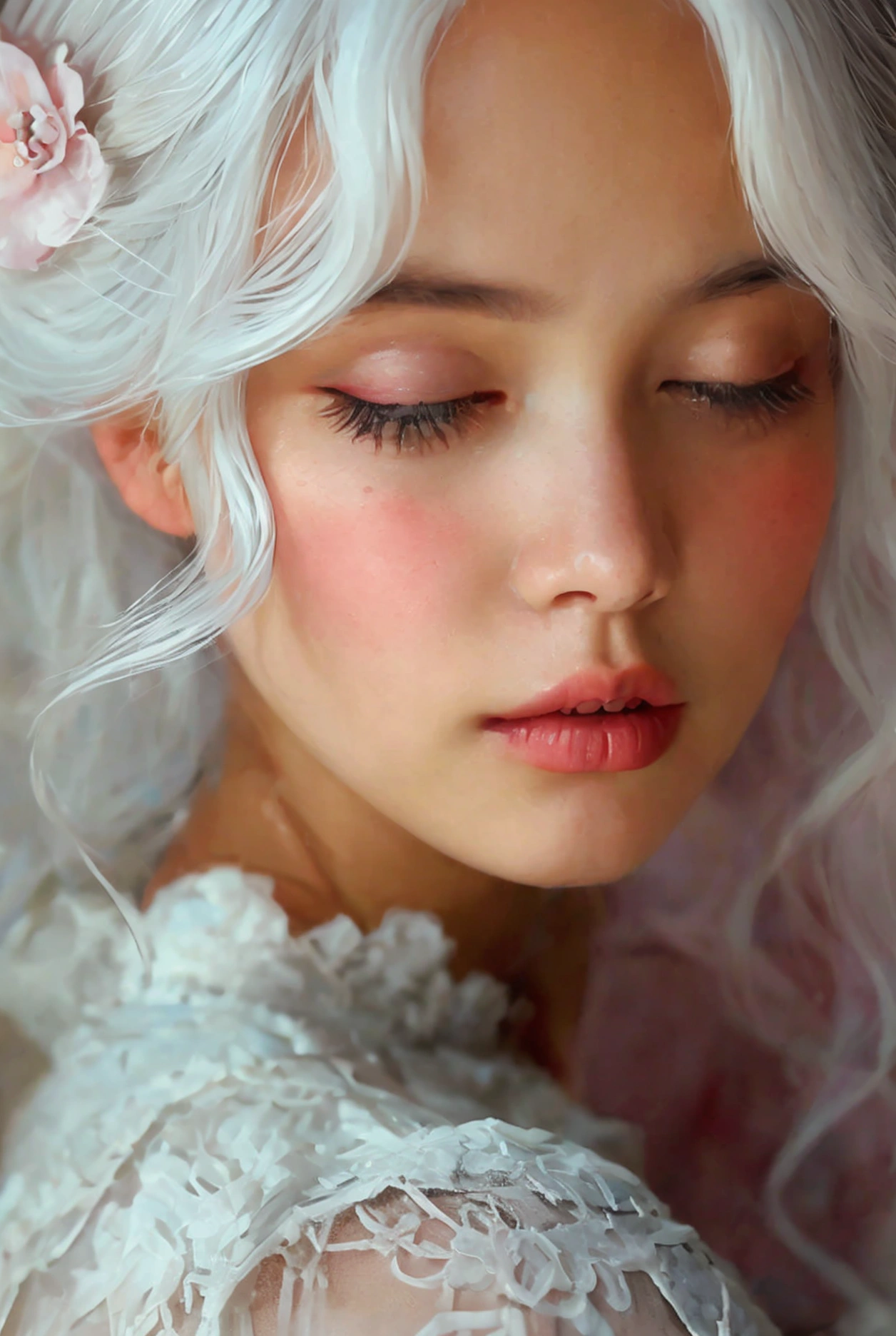 Woman with pastel WHITE hair, SLEEPY eyes with elegant clothes PERFECT IMAGE