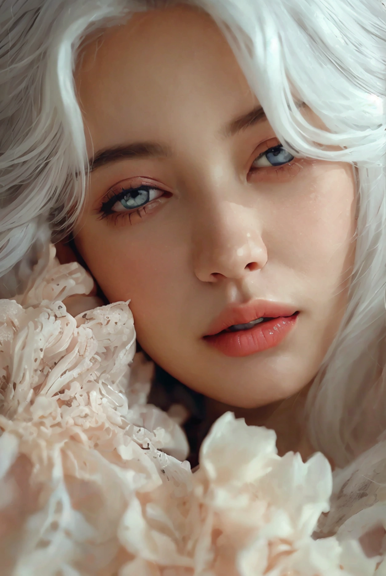 Woman with pastel WHITE hair, SLEEPY eyes with elegant clothes PERFECT IMAGE