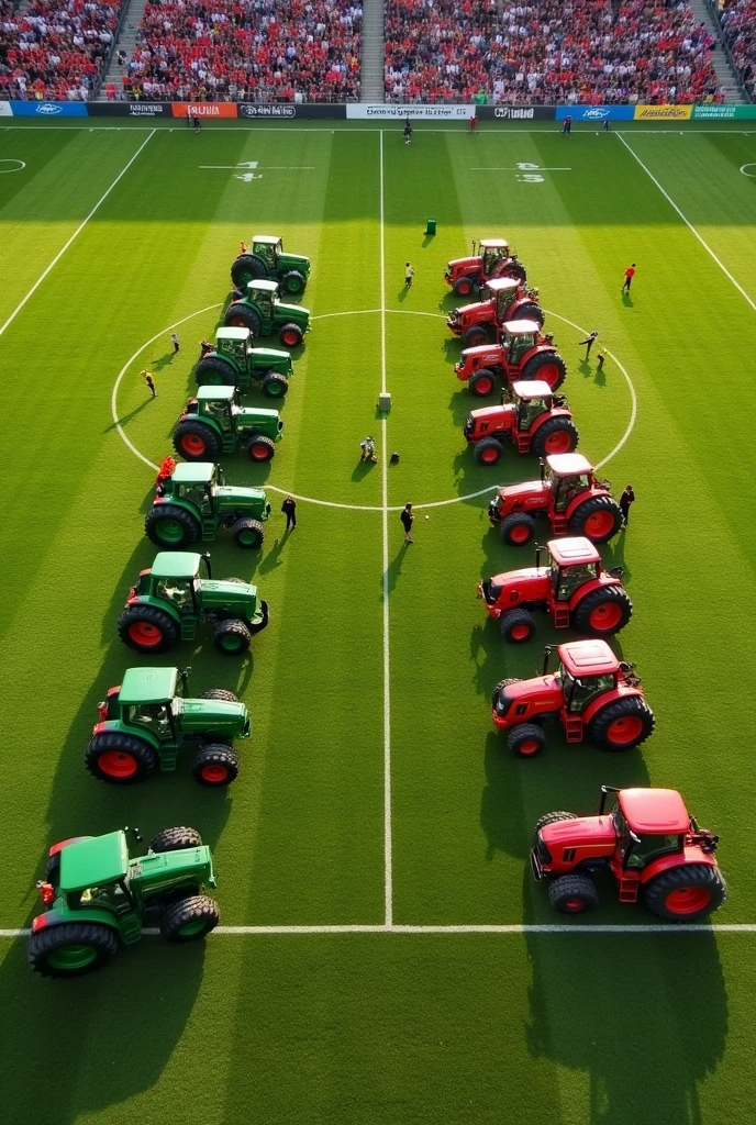 Two football teams, arranged on a field with official measurements, viewed from the top, where the players of one team are green tractors and the players of the other team are red tractors
