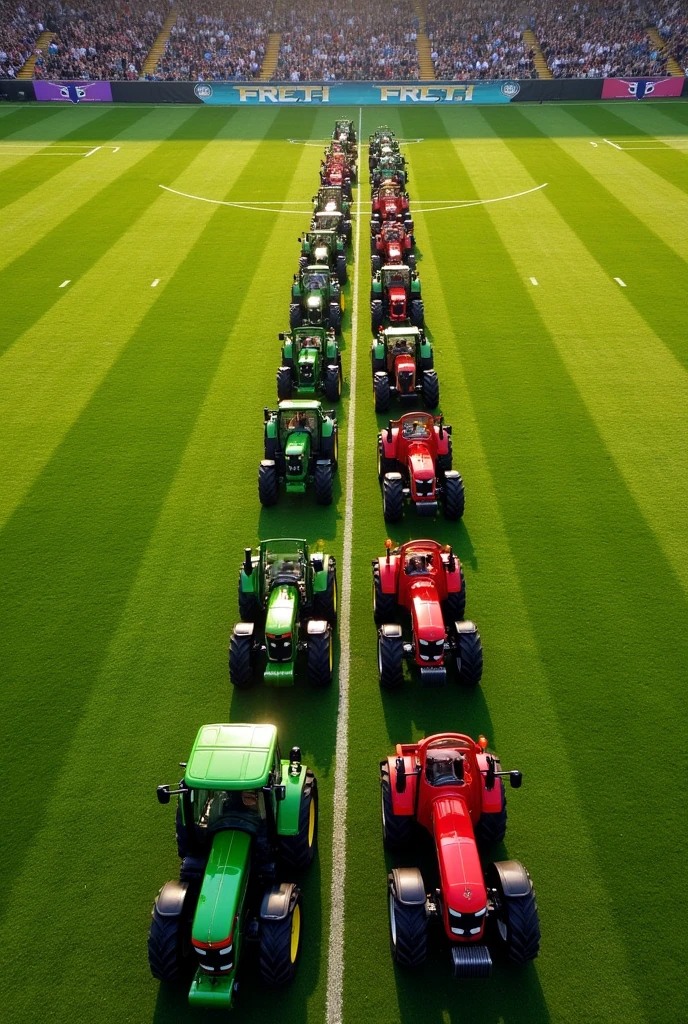 Two football teams, arranged on a field with official measurements, viewed from the top, where the players of one team are green tractors and the players of the other team are red tractors