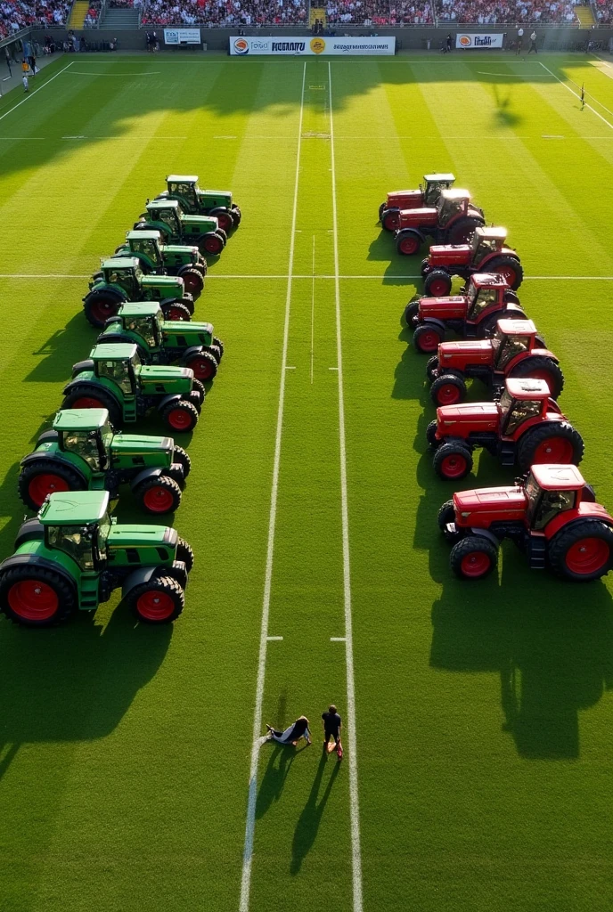 Two football teams, arranged on a field with official measurements, viewed from the top, where the players of one team are green tractors and the players of the other team are red tractors