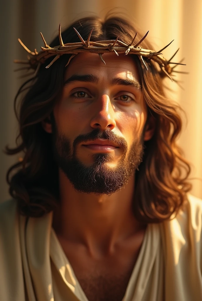 "Jesus Christ with a crown of thorns on His head, smiling warmly. The focus is on His face, which radiates kindness and compassion. His eyes are gentle and filled with love, and His smile is comforting and inviting. The background is soft and light, enhancing the overall feeling of warmth and reassurance."