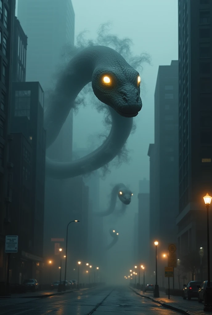 Gray snake-shaped smoke creatures with lamp fish face and glowing light yellow eyes floating in dark city with cloudy sky 