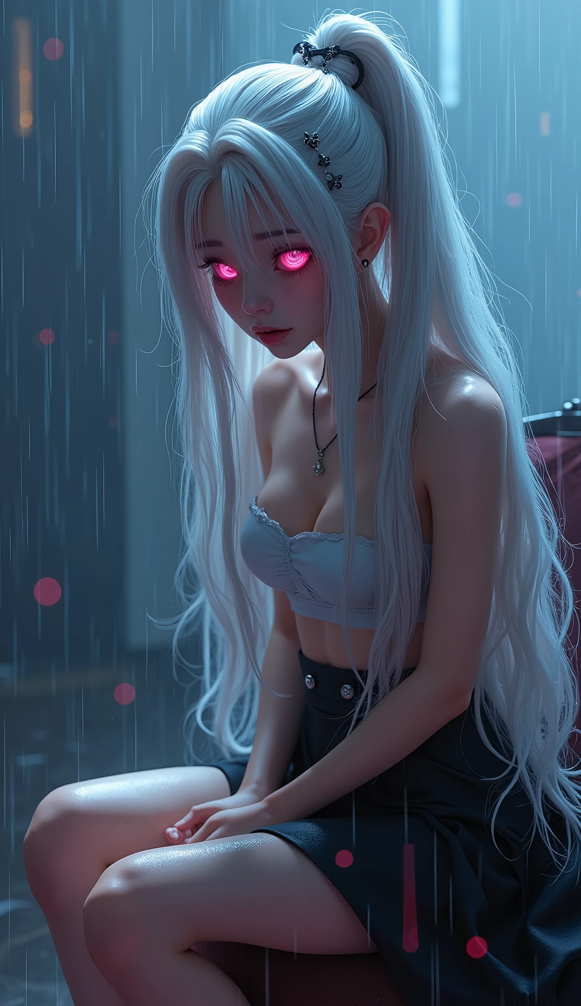 photorealistic,Realistic illustration in Modelshoot style,((masterpiece)),((The best quality)),((Ultra Quality)),((ultra detailed)),((1girl long white hair)),((Only)),((waifu:1.5)),Perfect anatomy,perfect hands,beautiful cuerpo,beautiful_method,ulzzang-6500-v1,e-chica,((Exceptionally Beauty Waifu Princess Tifa Lockhart))Actual photo、Highest im年 quality、Beautiful woman、Beautiful thighs、Beautiful Face、Uniform Ponytail、Yuriko Yoshitaka、Japanese women、pretty girl、skirt、Beautiful thighs、pumps、Sit on a chair、(front:1.6)、(Open your knees:1.4)、Panty shot、,((bright-pink_eyes)),long wavy hair, ((white hair)),hair clips,eyeliner,cute makeup,lipstick,Glossy lipstick,with a look of terror, worry and sadness,((eyes detallados perfectos)),rainy with fog outside,evening,pink theme,bioluminiscencia,light particles,((Extremely CG Unity 8K Wallpaper)),((cinematic lighting,Best quality lights)),intricate details,Suave,sharp focus,Extremely beautiful and aesthetic,Octane rendering,Full length portrait,damp skin,((Perfect detailed body)),