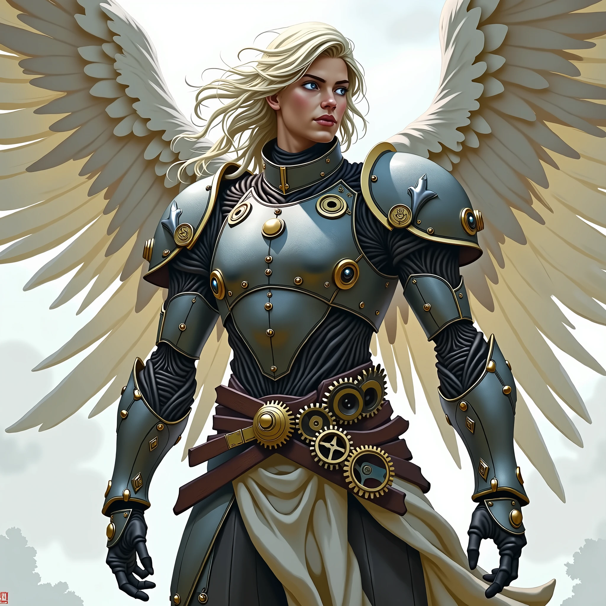 A full-body D&D character that is a wingless angel engineer, but still half-celestial and magical. He has black eyes and his armor is like it's made of gears.