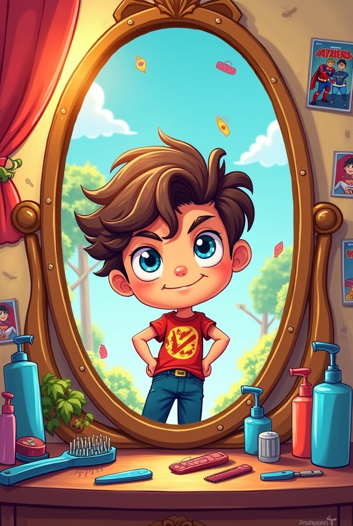 A young boy with a defiant expression, standing in front of a mirror, surrounded by hair styling tools, a cartoonic illustration