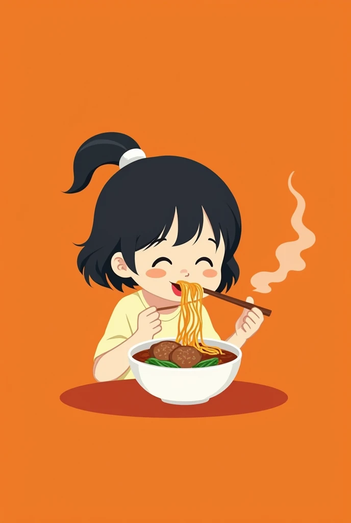 minimalist logo, as a little Japanese girl, closed eyes, happy, Eating noodles with bits of meat, on an orange background.