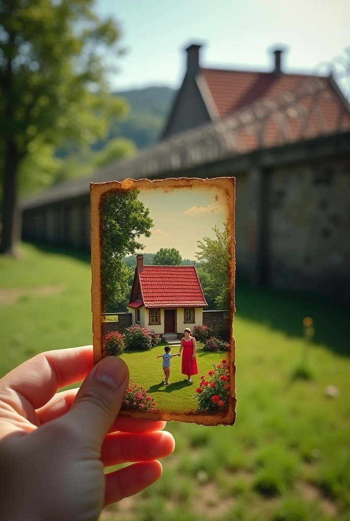 create an image in which a person holds a photo, In the photo you can see a house with red tiles, A garden, and a family of 2 adults and 1 child playing in the yard, around the house a wall and on top of it a barbed wire fence